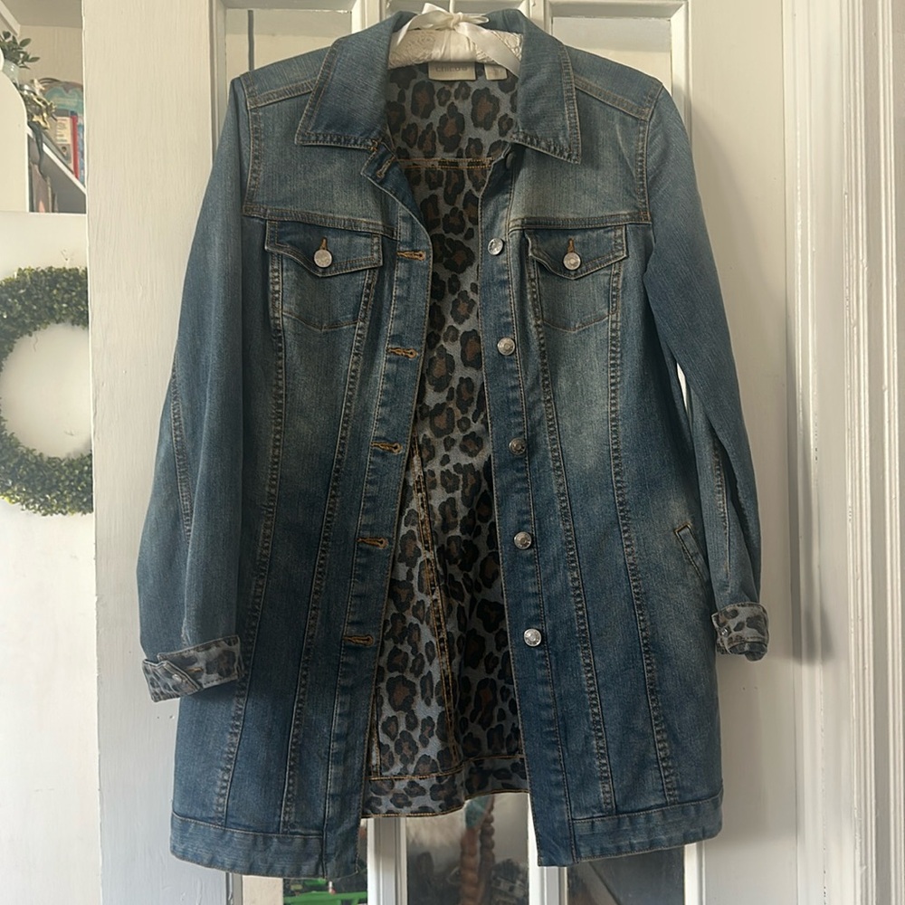 Chicos Long jean jacket, leopard accent size 0